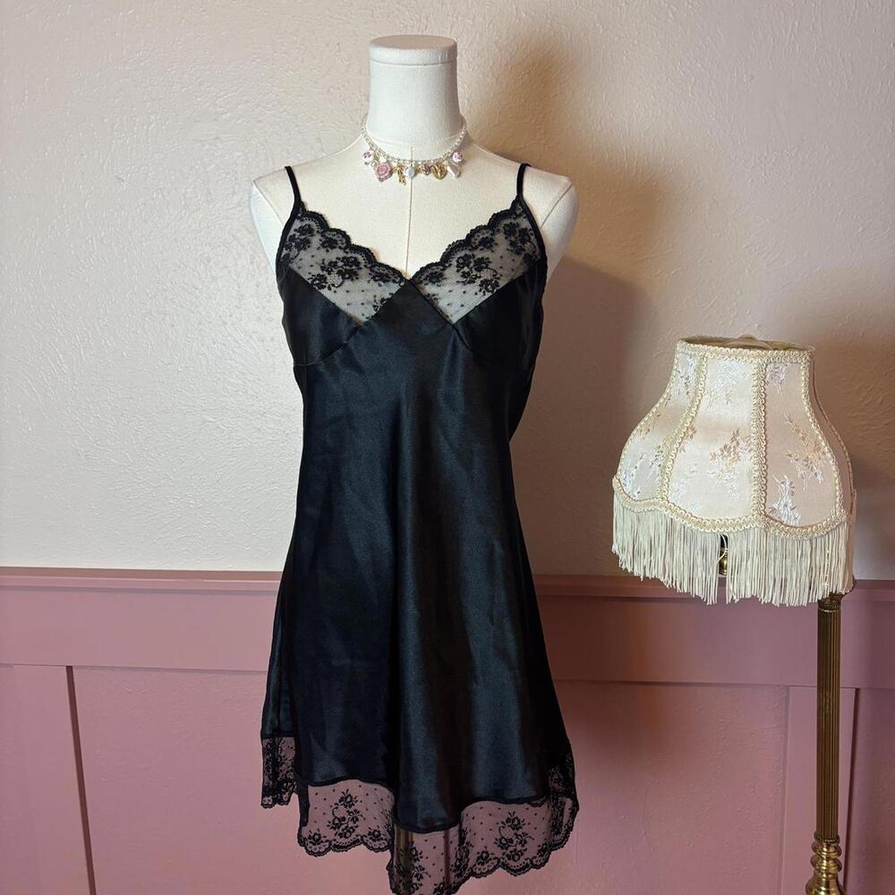 Halston Vintage Black Lace Mini Slip Dress Goth Fairy Whimsigoth Coquette Sz Sm